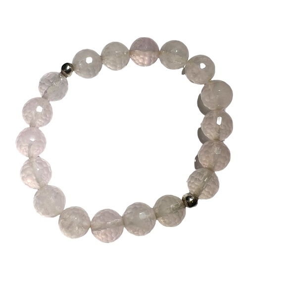 VINTAGE FACETED ROSE QUARTZ 10MM BEADS W SILVER TONE BEADS STRETCH BRACELET - Picture 5 of 8